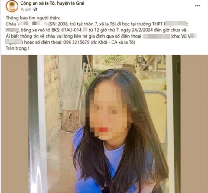 越南10年级女生与家人失联多日,曾与男友发生亲密关系